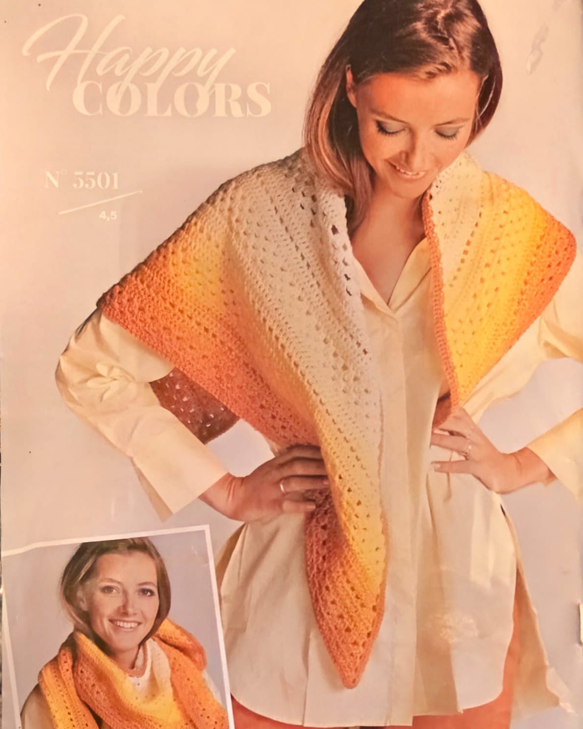 Châle au crochet Happy Colors n° 5501, dégradé blanc, jaune et orange